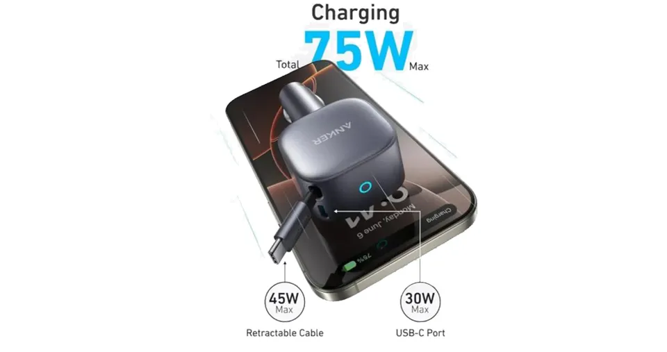 شاحن سيارة نانو بقـوة 75 واط نفذ USB-C وكيبل USB-C مدمج قابل للسحب من من أنكر