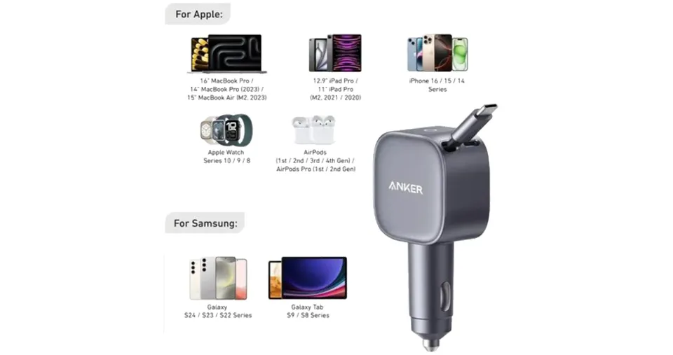 شاحن سيارة نانو بقـوة 75 واط نفذ USB-C وكيبل USB-C مدمج قابل للسحب من من أنكر