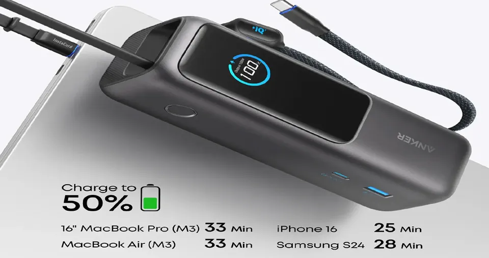 باور بانك بمنفذ USB ومنفذ Type-C بقدرة شحن سريع 165 واط مع سعة 25000 مللي أمبير مزود  بكابلين مدمجين من نوع Type-C – اللون: أسود من أنكر