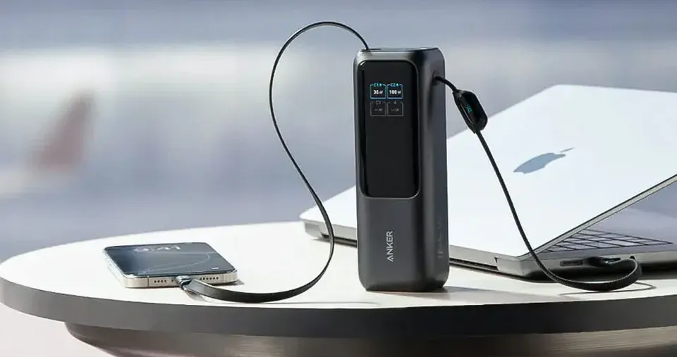 باور بانك بمنفذ USB ومنفذ Type-C بقدرة شحن سريع 165 واط مع سعة 25000 مللي أمبير مزود  بكابلين مدمجين من نوع Type-C – اللون: أسود من أنكر