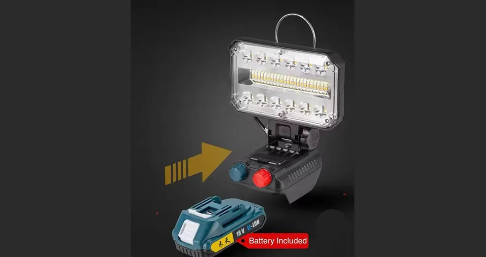 كشاف عمل LED لاسلكي 18 فولت، مزود بمنافذ شحن USB وType-C ورأس إضاءة قابل للتعديل بزاوية 360 درجة