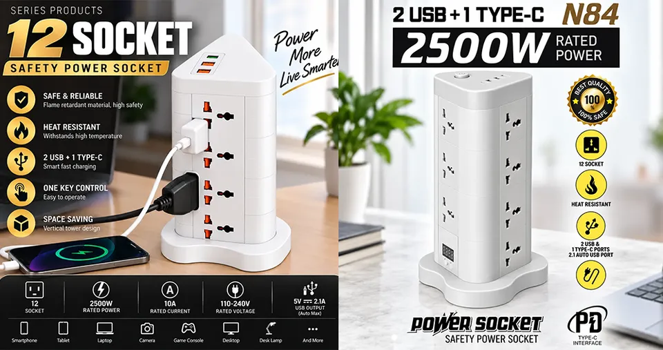 برج طاقة رأسي بـ12 مقبسًا، قدرة 2500 واط، مع 2 USB + Type-C وكابل بطول 1.8 متر