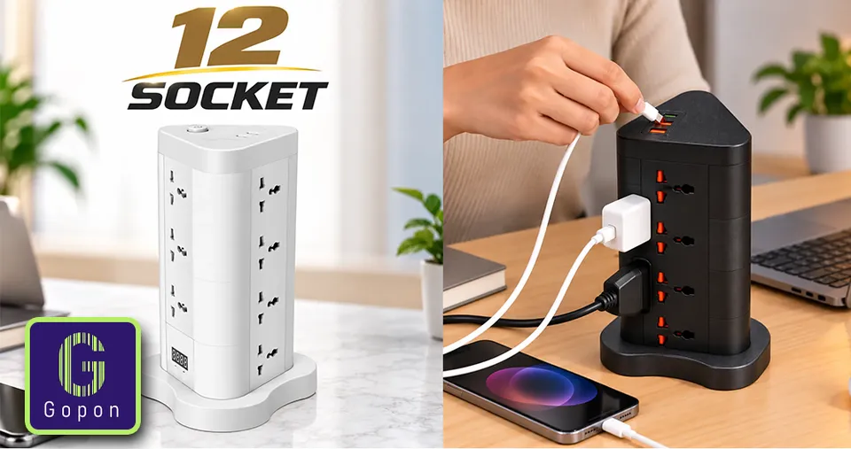 برج طاقة رأسي بـ12 مقبسًا، قدرة 2500 واط، مع 2 USB + Type-C وكابل بطول 1.8 متر