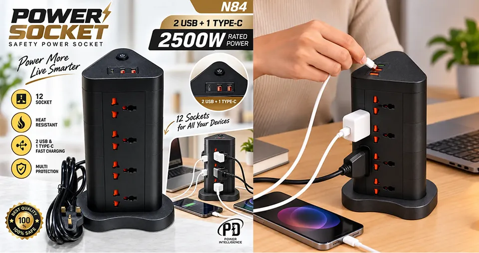 برج طاقة رأسي بـ12 مقبسًا، قدرة 2500 واط، مع 2 USB + Type-C وكابل بطول 1.8 متر
