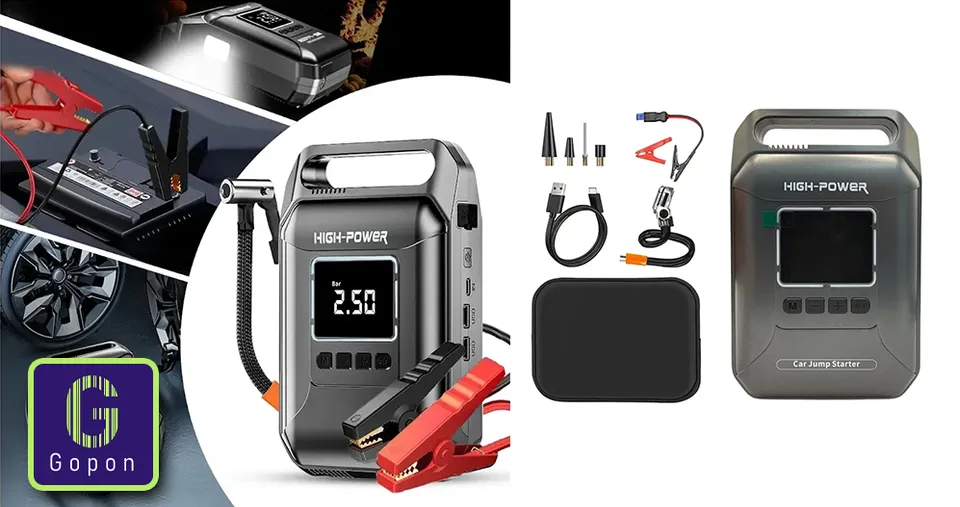 جهاز تشغيل سيارات فاخر 4 في 1 بقوة 1600 أمبير وضاغط هواء 150 PSI مع شاشة LCD وUSB-C ومصباح LED