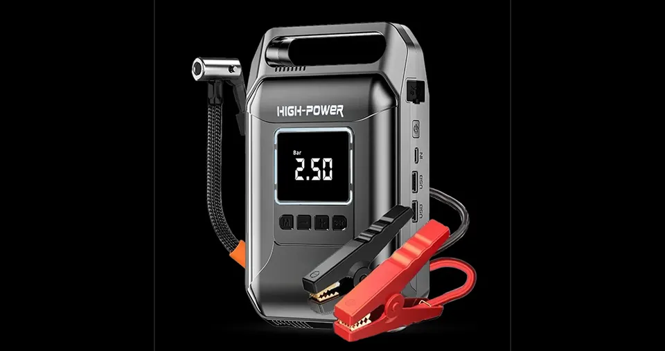 جهاز تشغ يل سيارات فاخر 4 في 1 بقوة 1600 أمبير وضاغط هواء 150 PSI مع شاشة LCD وUSB-C ومصباح LED