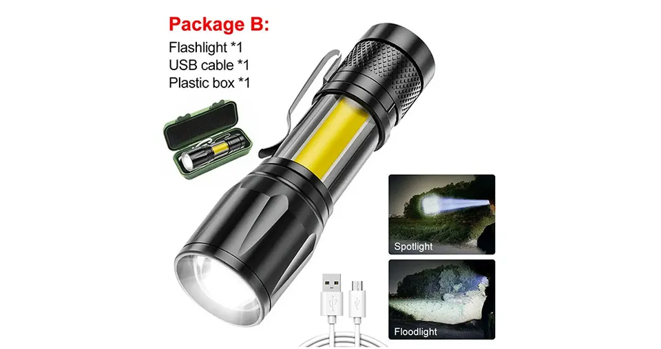 كشاف LED صغير فائق السطوع قابل لإعادة الشحن عبر USB مع تقريب تلسكوبي وهيكل من سبائك الألومنيوم مقاوم للماء