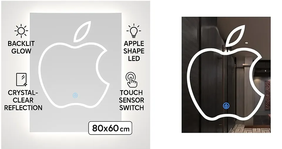 مرآة LED ديكورية بتصميم شعار أبل مع مفتاح لمس للاستخدام في المنزل والفنادق وصالونات التجميل - 60 × 80 سم