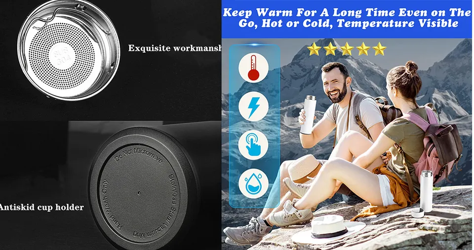 زجاجة حرارية ذكية 500 مل بشاشة LED لعرض درجة الحرارة مع ستانلس ستيل 304 وشاشة لمس وعزل ساخن وبارد حتى 12 ساعة - أسود