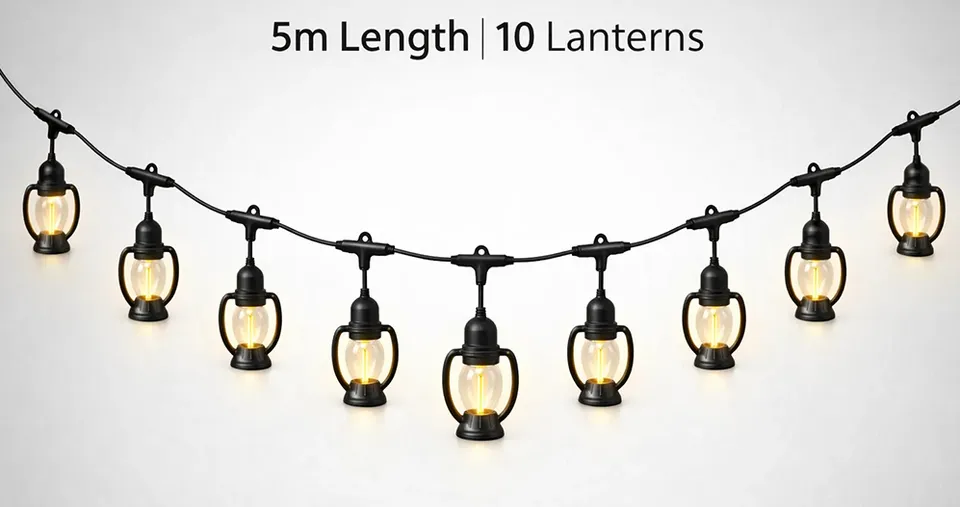 سلسلة إضاءة كهربائية بطول 5 متر بتصميم الفوانيس 10 لمبات عتيقة قابس أوروبي إضاءة LED دافئة للديكور الخارجي والحدائق والحفلات