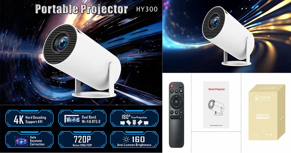 جهاز عرض ذكي محمول بدقة HD مع اتصال WiFi ثنائي النطاق ت تشغيل عن بعد، وتصحيح تلقائي للصورة مع دعم عرض يصل إلى 130 بوصة