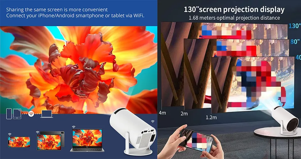جهاز عرض ذكي محمول بدقة HD مع اتصال WiFi ثنائي النطاق ت تشغيل عن بعد، وتصحيح تلقائي للصورة مع دعم عرض يصل إلى 130 بوصة