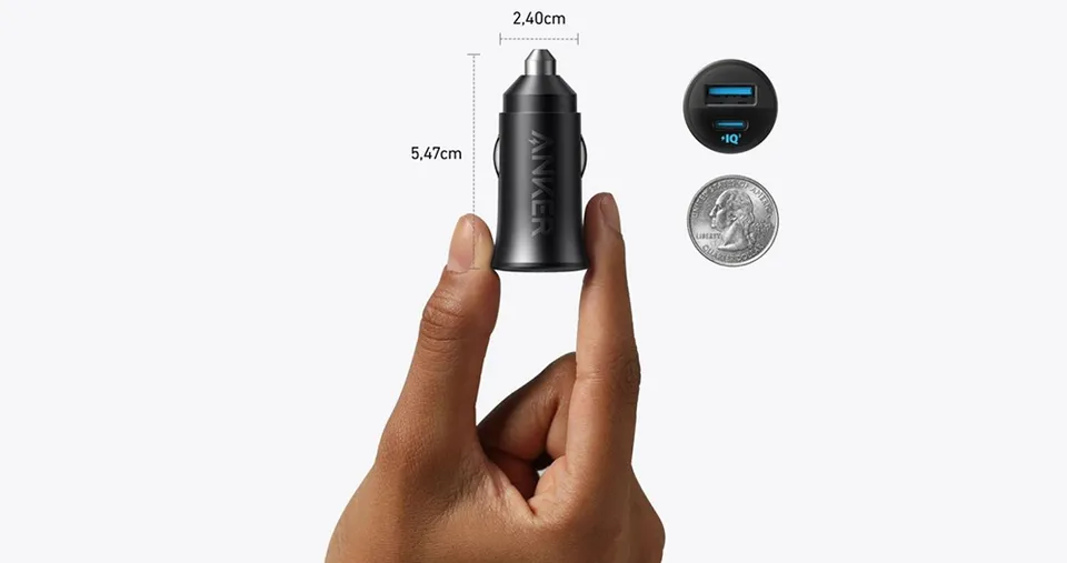 شاحن سيارة مع منفذ Type-C ومنفذ USB-A بقوة 30واط مع كيبل Type-c و Lightning من أنكر
