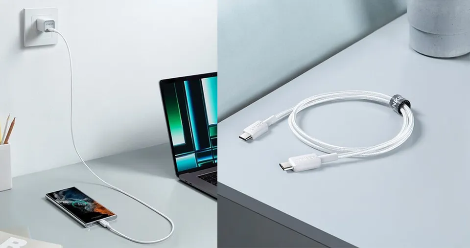 كيبل شحن ونقل بيانات من Type-C إلى Type-C بقـوة 60 واط وبطـول 1.8 متر - ابيض من أنكر
